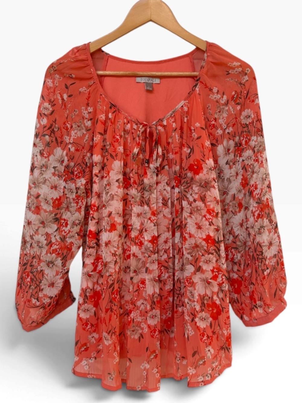 Roz & Ali Womens Coral Floral Chiffon Peasant Blouse Size L Keyhole Tie Neck 3/4